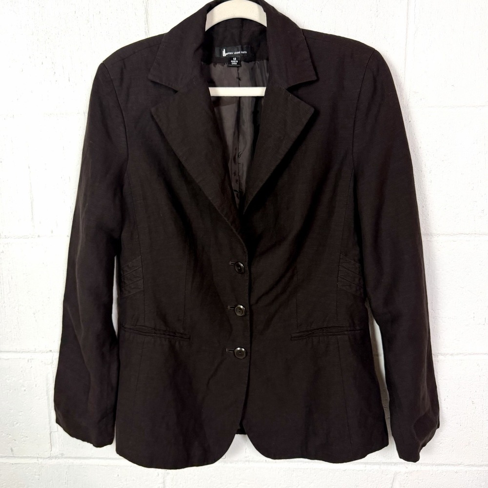 Larry Levine Women's Y2K Linen Blend Blazer Dark Brown Lined Old Money Office 12